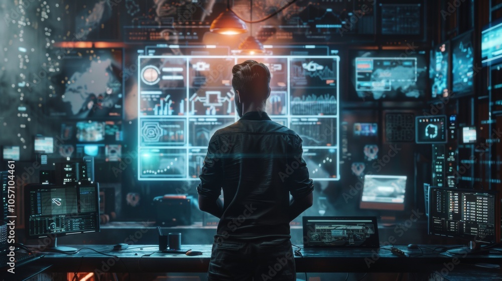 Poster data scientist analyzing digital screens in high-tech control room
