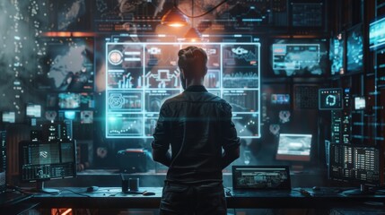 Data scientist analyzing digital screens in high-tech control room