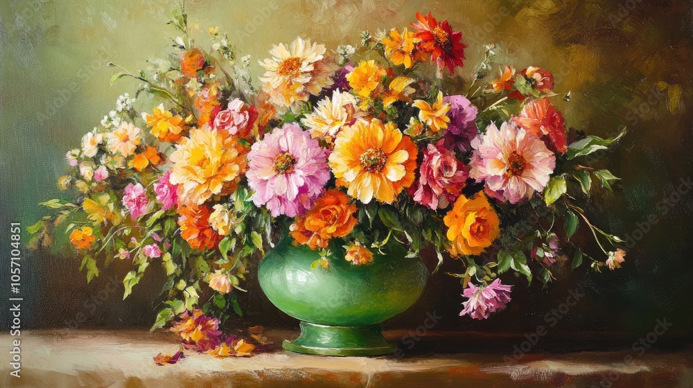 Poster a cheerful arrangement of assorted flowers in a gentle green vase adding a splash of color and warmt
