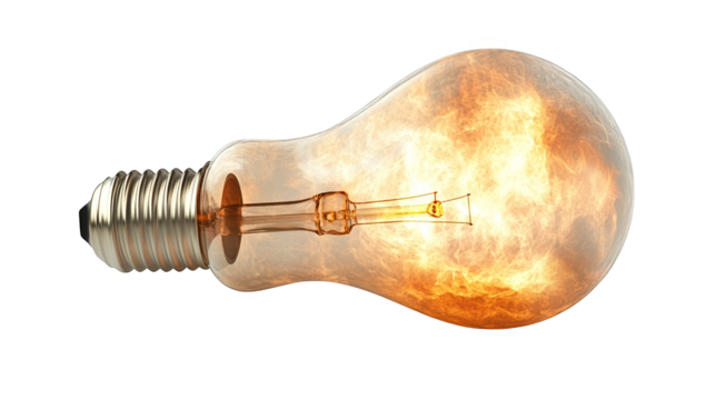 Illuminating innovation, a light bulb ablaze with creative fire. explore the fusion of light and heat in this captivating image of burning light bulb, symbolizing the spark of an idea.
