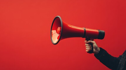 hand with megaphone against red background