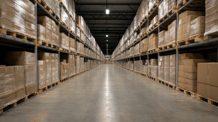 Efficient warehouse operations, industrial shelving, warm lighting