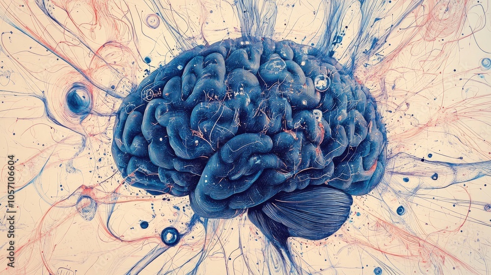 Poster a blue brain illustration is surrounded by numerous lines and dots creating an intricate design