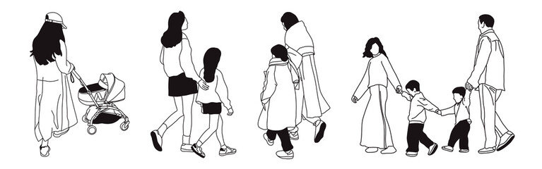 Hand-drawn doodle family icon set. Outline family clipart. Hand-drawn black art.