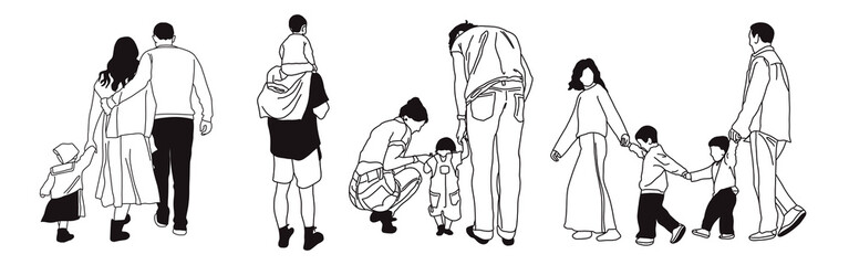 Hand-drawn doodle family icon set. Outline family clipart. Hand-drawn black art.