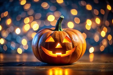 Fototapeta premium Jack-o'-Lantern in Darkness with Bokeh Effect for Halloween Decoration and Text Space