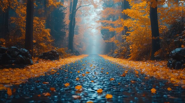 A misty forest path lined with vibrant yellow autumn leaves, leading into the distance.