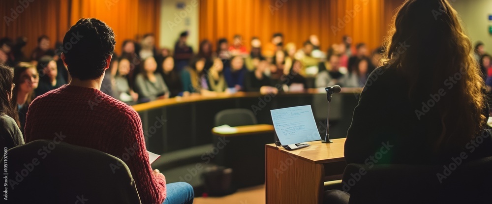 Poster a diverse group of students attentively listens to a speaker in a university auditorium, participati