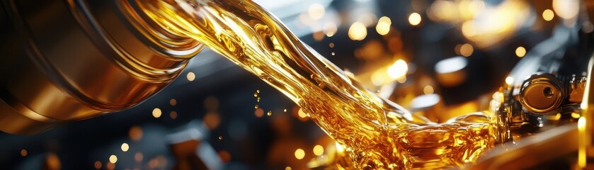 Motor oil pouring into engine, close-up of golden flow, mechanic in background