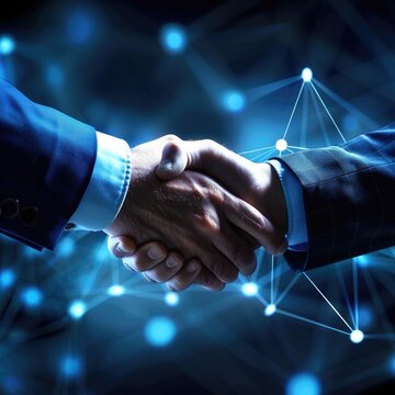 A digital handshake symbolizes partnership and collaboration, set against a futuristic, interconnected background.