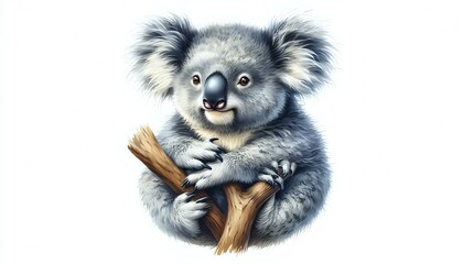 Koala Resting on Branch with Green Leaves and Berries
