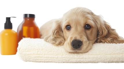 Adorable dog relaxes on towel with shampoo, a serene spa day for canine pampering and care