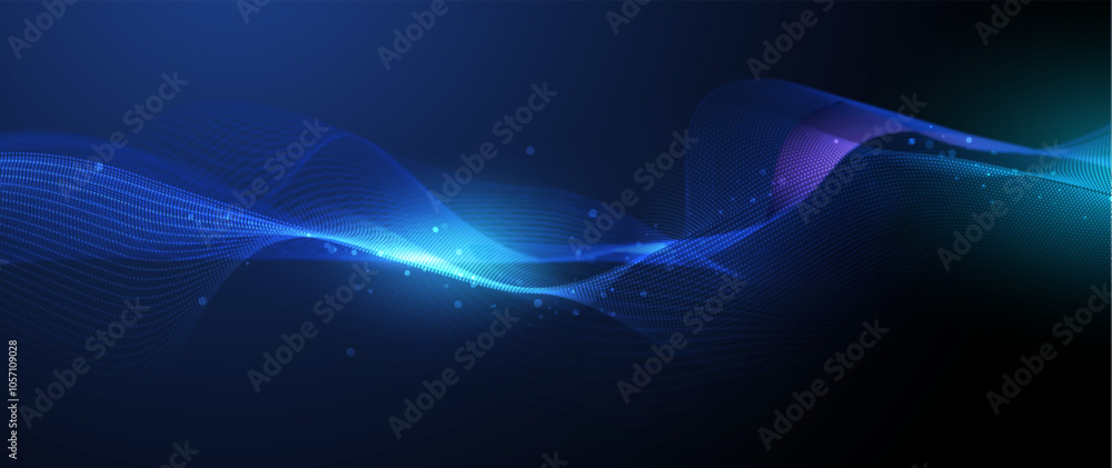 Fototapete vector abstract flowing wave line, particle dot pattern, neon light on dark blue gradient background