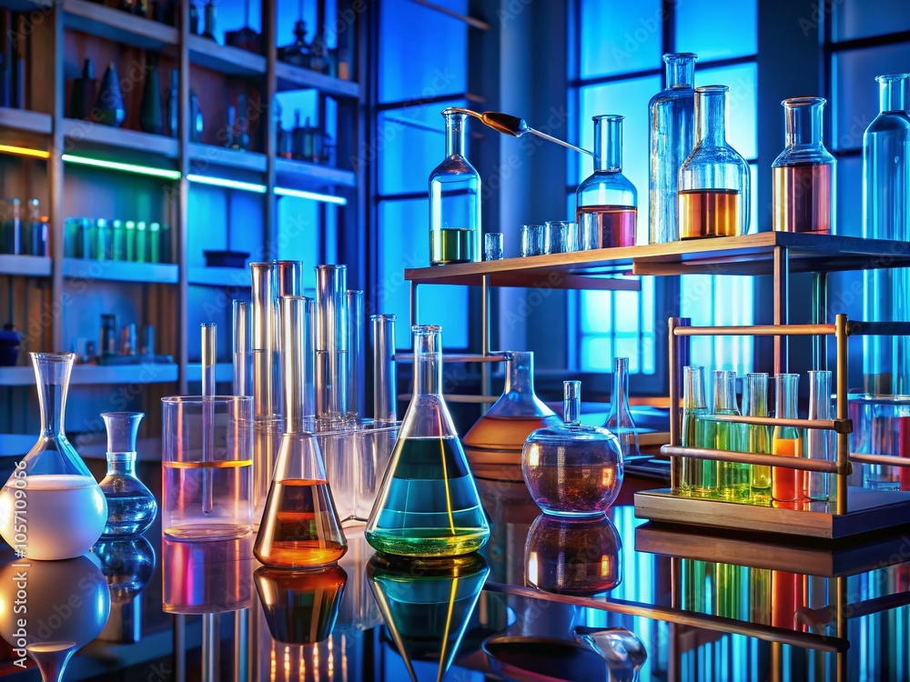 Poster laboratory setup with glassware for scientific research and experimentation in a modern lab environm