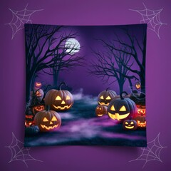 Fototapeta premium purple picture with pumpkins halloween gothic illustration