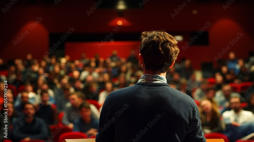 Poster a speaker stands on stage facing a packed auditorium, delivering a presentation to an attentive audi