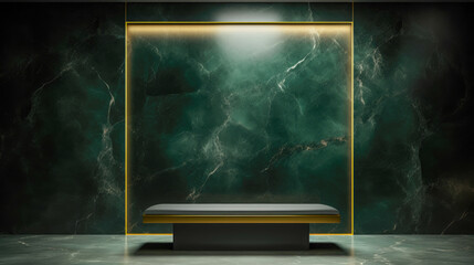 A classic green marble bench positioned gracefully within a golden illuminated frame, creating an ethereal and captivating visual experience in a luxe interior setting.