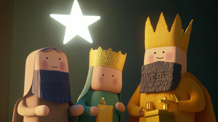 Adorable cartoon-style kings holding gifts under a shining star, celebrating Three Kings Day (Epiphany) in a cute, child-friendly design.