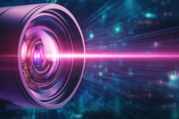 Obraz premium A close-up view of a camera lens emitting a vibrant laser beam, showcasing the beauty of modern photography technology.