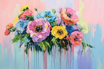 Obraz premium A vibrant bouquet of flowers, in pastel colors, painted with thick brush strokes and dripping paint.