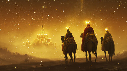 Three kings with stars above their heads traveling through a golden landscape toward a glowing city, symbolizing Three Kings Day (Epiphany).