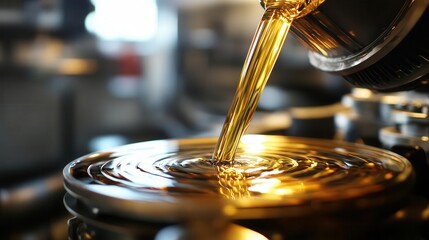 Stream of motor oil pouring into engine, industrial garage setting, professional mechanic