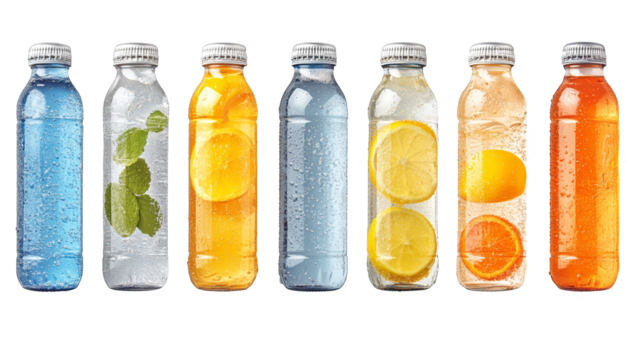 Revitalizing hydration, a refreshing row of lemon and lime infused water bottles for ultimate thirst quenching