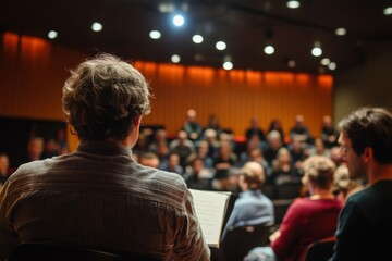 Attendees are captivated by a live choral performance in a cozy auditorium filled with warm lighting, creating an inviting atmosphere for the event