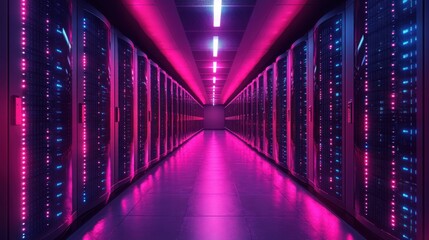 A futuristic server room illuminated with vibrant neon lights.