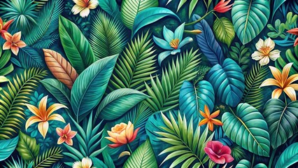 Patterned background with a mix of tropical flowers, leaves, and branches in shades of green and blue, tropical, leaf, branch, laptop, desktop