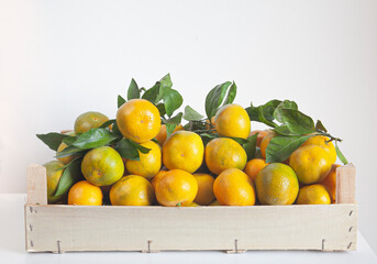 tangerine, orange in a wooden box