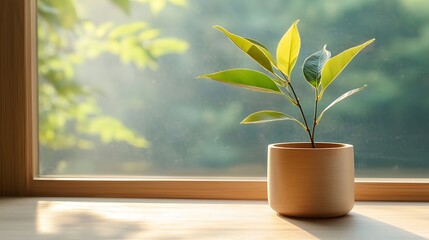 A serene moment with a potted green plant bathed in soft natural light by the window creating a tranquil indoor atmosphere