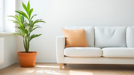 Bright and inviting living room featuring a cozy couch and lush potted plant for a relaxing atmosphere