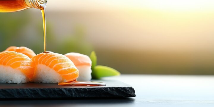 Delicious Salmon Sushi Rolls with Tamari Sauce Drizzle on Black Slate Plate