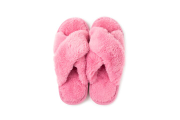 Soft slippers isolated on white background. Home slippers. Comfortable shoes for home. Foot care concept. Home comfort. Space for text. Copy space.