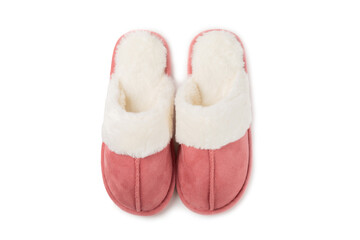 Soft slippers isolated on white background. Home slippers. Comfortable shoes for home. Foot care concept. Home comfort. Space for text. Copy space.
