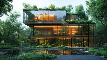 Fototapeta premium A modern, glass building with a green roof and a pond in front. The building is surrounded by lush greenery.