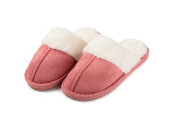 Soft slippers isolated on white background. Home slippers. Comfortable shoes for home. Foot care concept. Home comfort. Space for text. Copy space.
