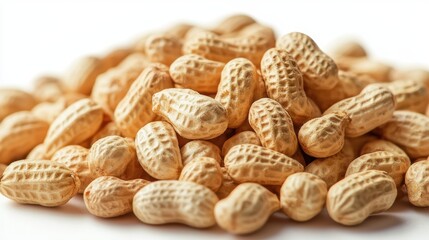 A close-up view of a heap of raw, unpeeled peanuts in their shells.