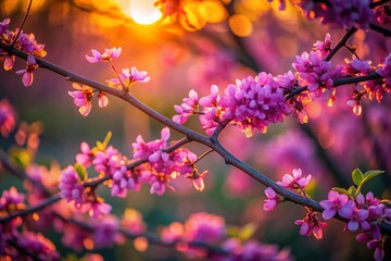 Low Light Photography of Cercis Bush Branch with Stunning Twilight Colors and Soft Focus for Nature Lovers