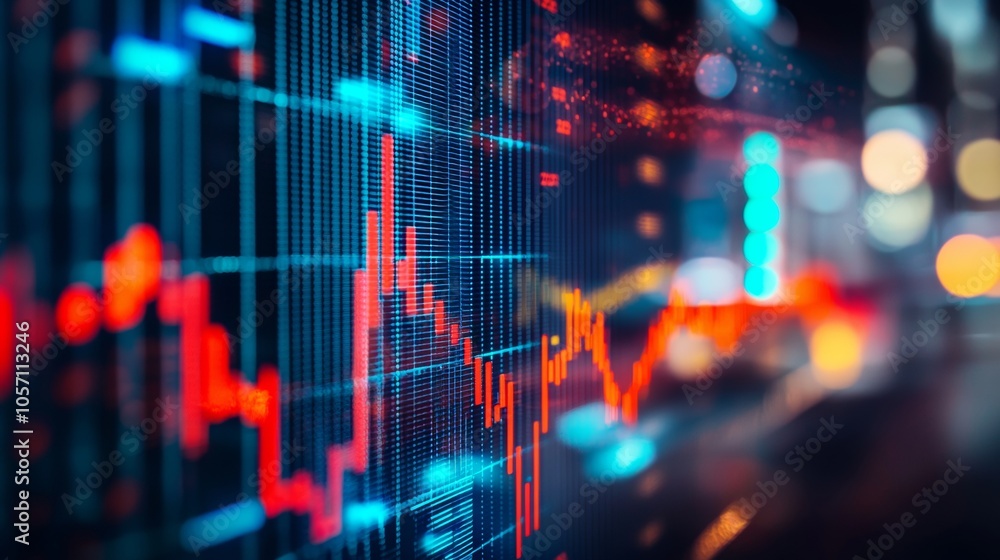 Poster close-up of financial data graph in red and blue on digital screen