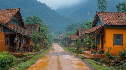 Fototapeta premium Scenic village street lined with colorful houses and greenery.