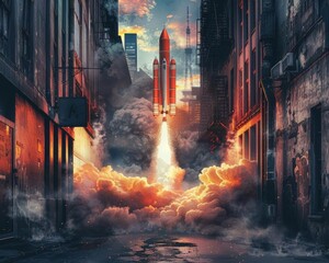 Picture a surreal scene of a rocket launching through a street alley