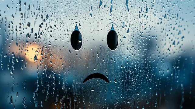 Sad face drawing condensing on wet glass