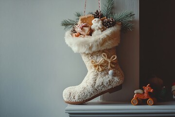 white shoe with gifts and decorations hanging by the fireplace three kings day, epiphany