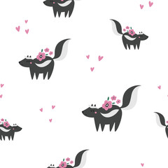 Cute Woodland Animal Seamless Pattern. Adorable Vector Forest Skunk for Designs and Crafts