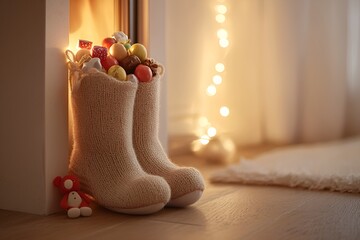 children's white boots filled with candies and sweets