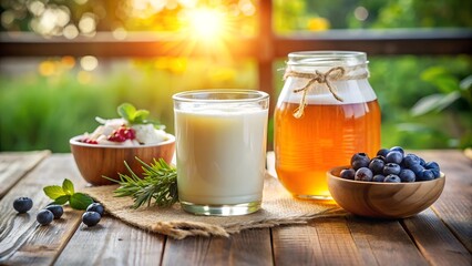 Assorted Herbal Drinks and Honey Jars on Sunlit Table Outdoors