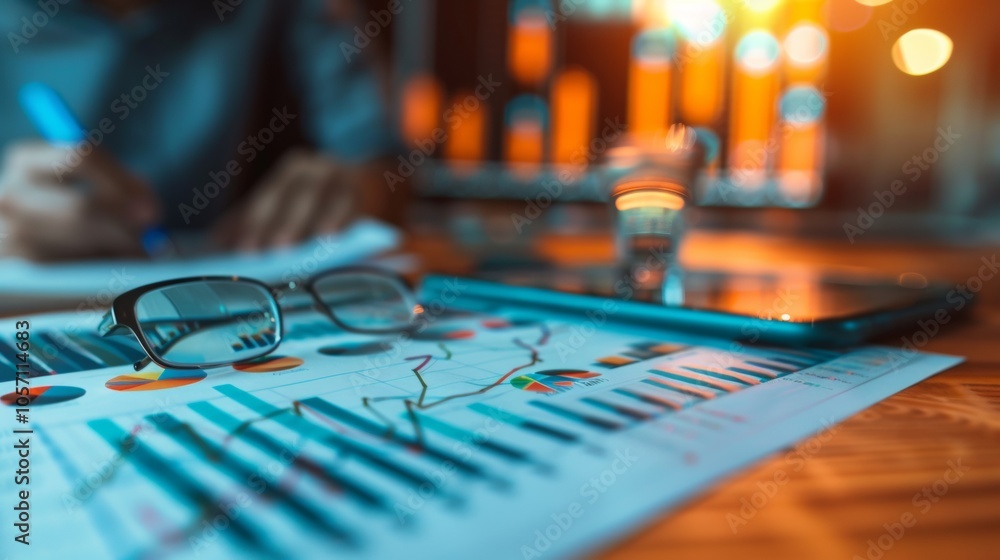 Poster glasses and charts on desk with glowing data in background