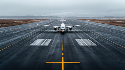 Front view of a commercial airplane on a wide tarmac runway in an open airport setting, under overcast skies, with distant snow-capped mountains visible in the background.